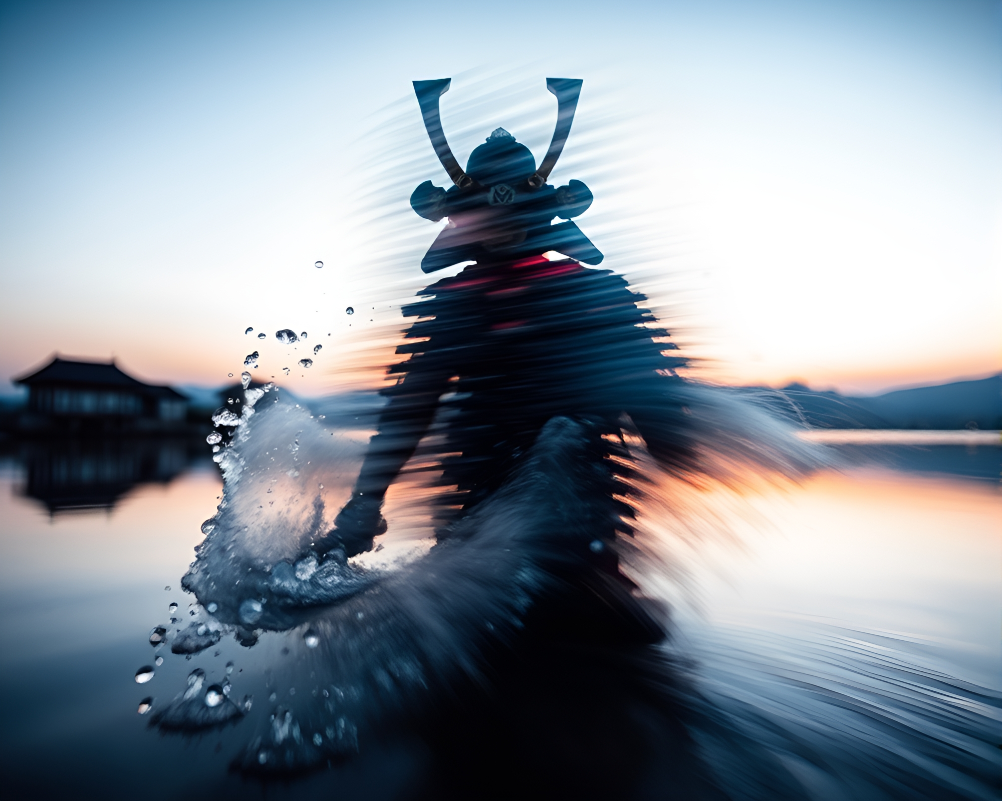 Samurai Warrior in Cool Dawn Water Reflection – free AI stock image