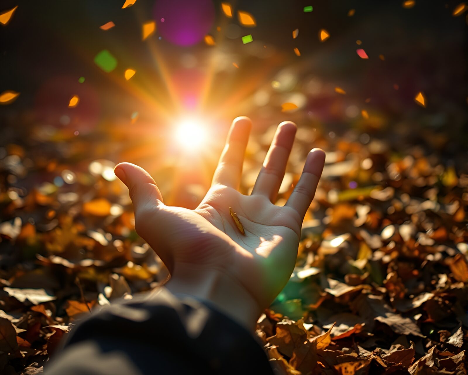 Brightly colored cybernetic hand surrounded by leaf litter confetti