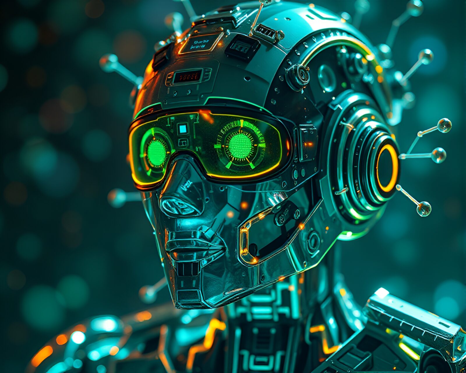 Colorful holographic nanobots swarm around figure in futuristic setting