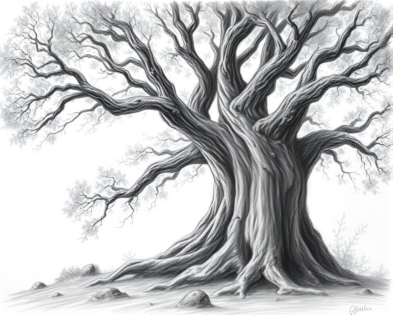 Majestic tree bathed in ethereal light, drawn in pencil sketch style