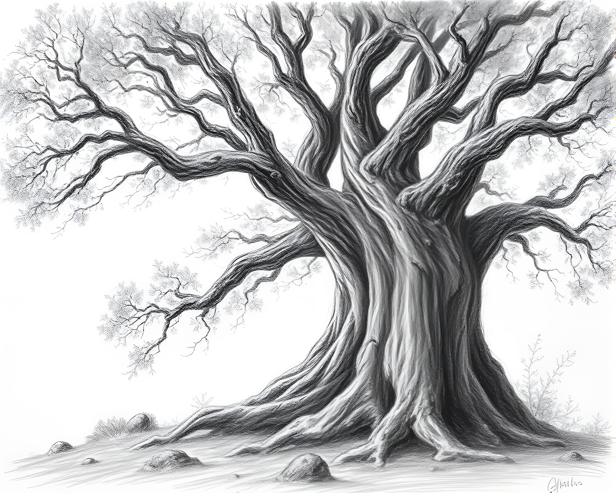 Enchanted Ancient Tree: Pencil Sketch Overlay – free AI stock image