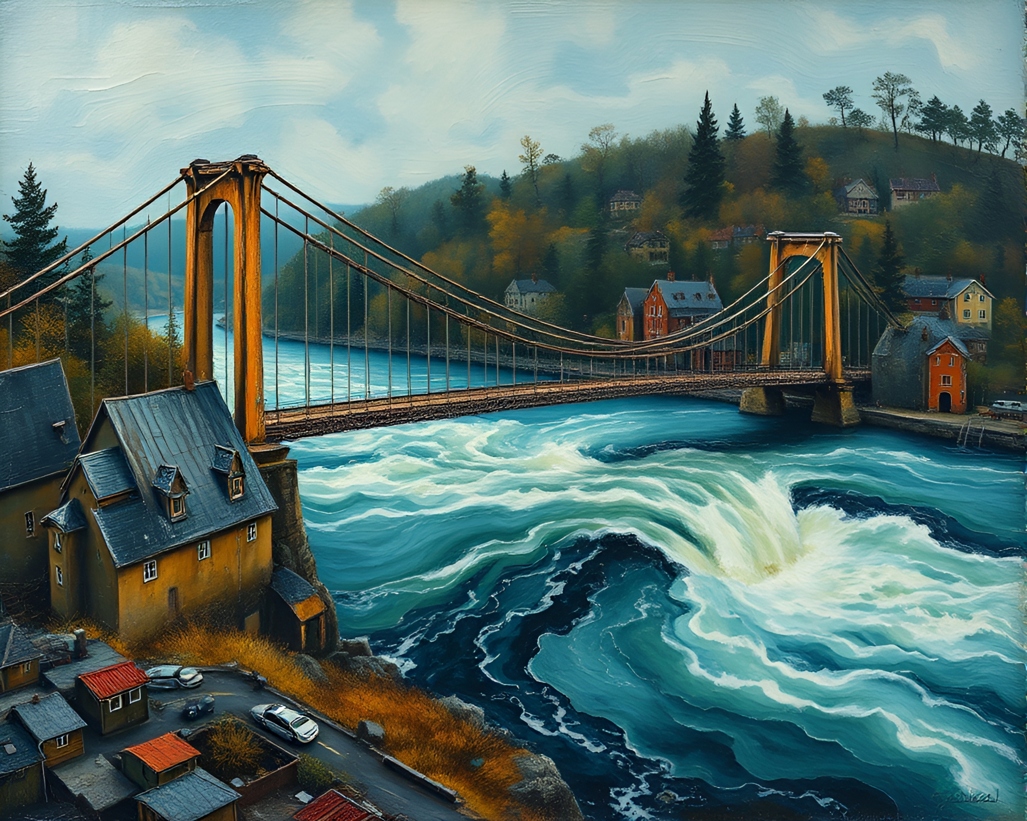 Glowing Suspension Bridge Over Water Whirlpool – free AI stock image