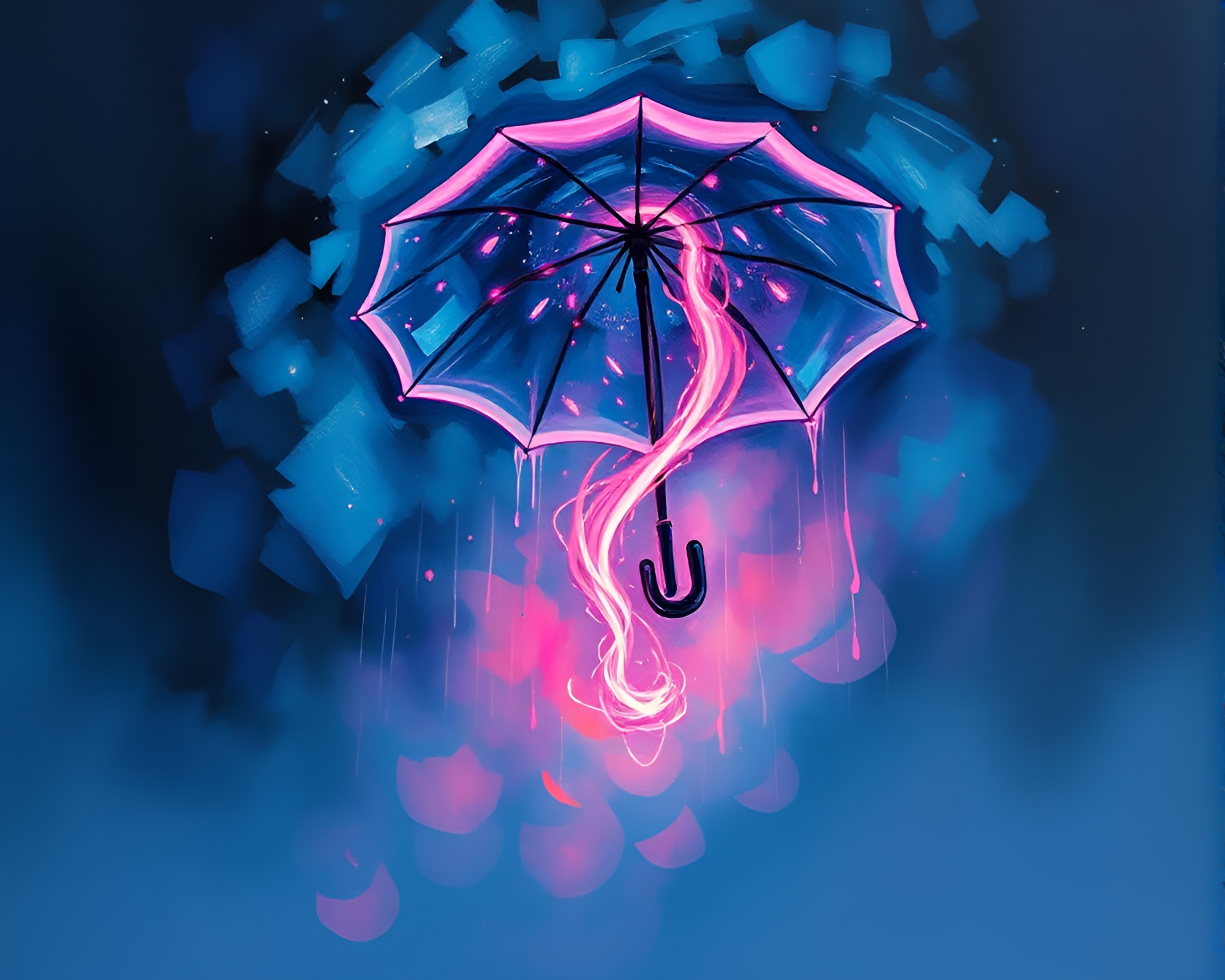 Neon-lit Umbrella Vortex Twist Gouache Painting – free AI stock image