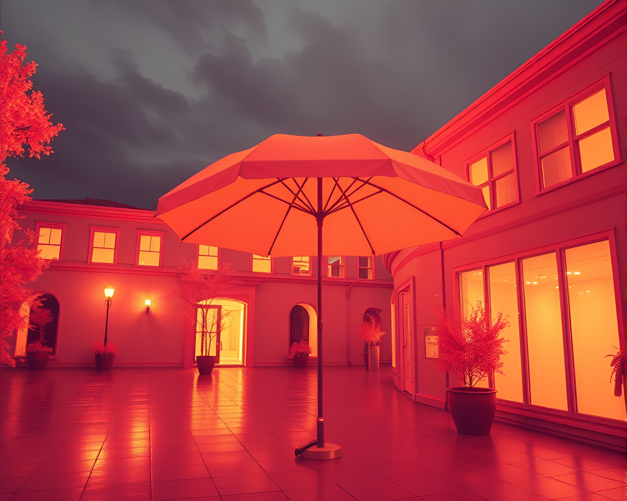 Surreal Negative Space Infra-Red Cityscape with Umbrellas – free AI stock image