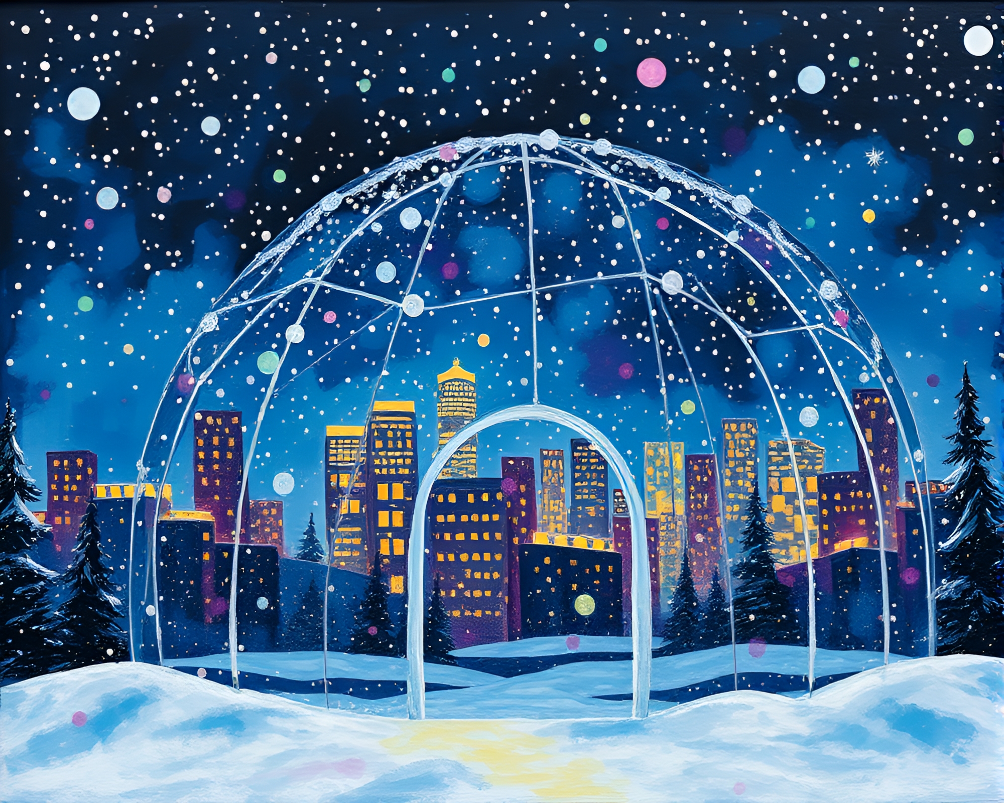 City Lights Dance on Acrylic-Splattered Glass Igloo – free AI stock image
