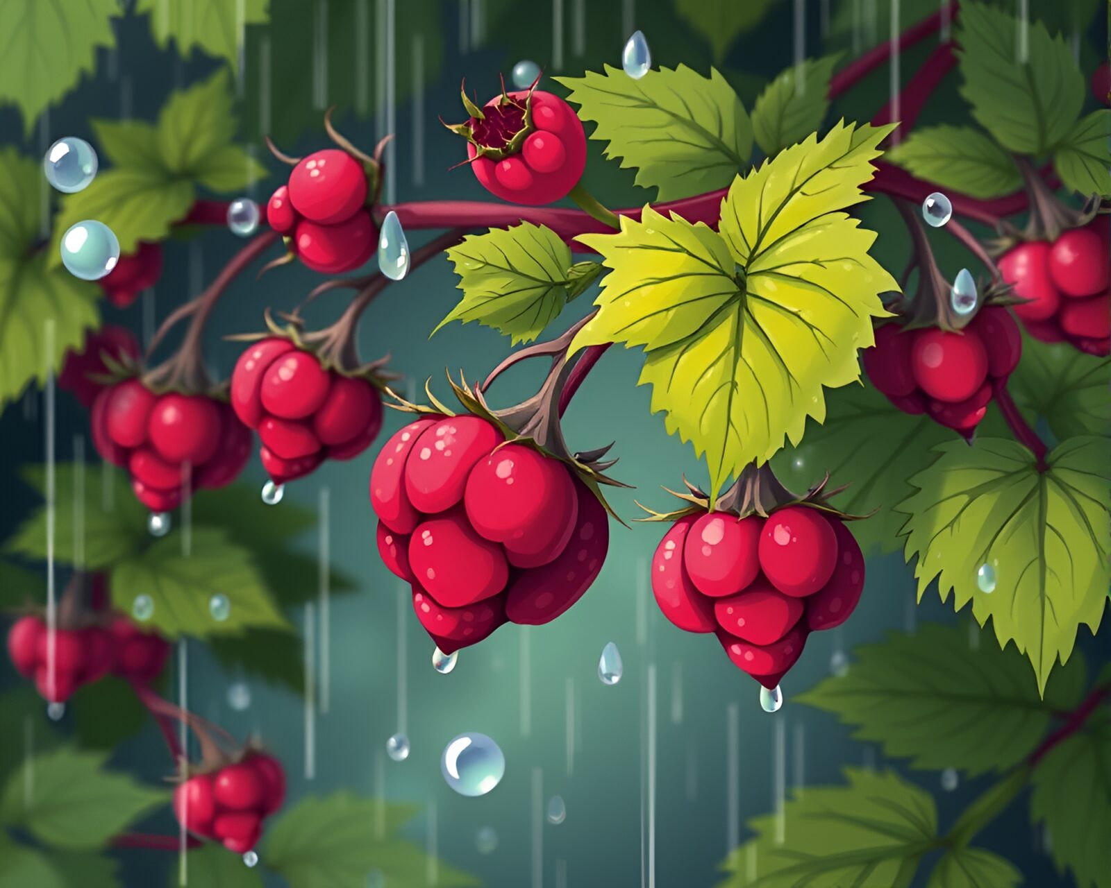 Colorful cartoon image of rain on raspberry plant