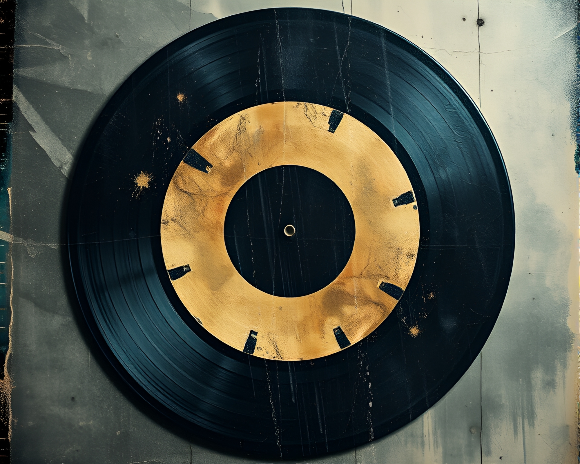 Vinyl Record Collage Art with Misty Texture Overlay – free AI stock image
