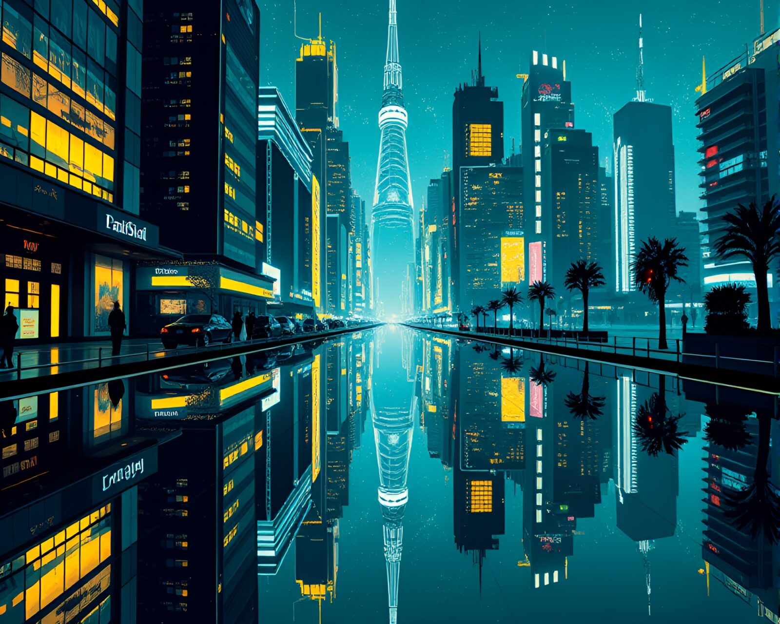 Glowing cityscape with mirrored buildings in stencil art style