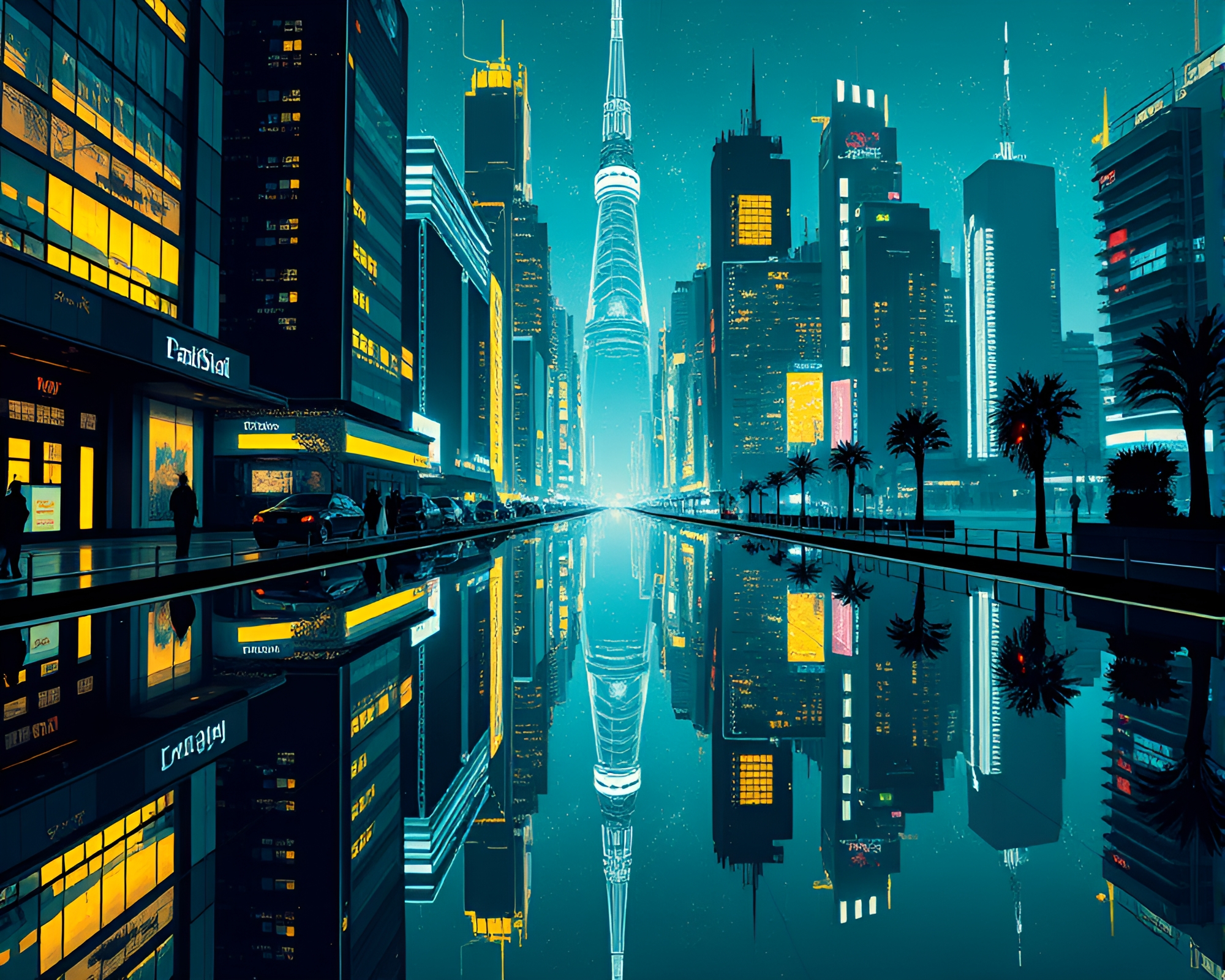 Futuristic City: Double Reflective Firefly Glow Stencil Art – free AI stock image