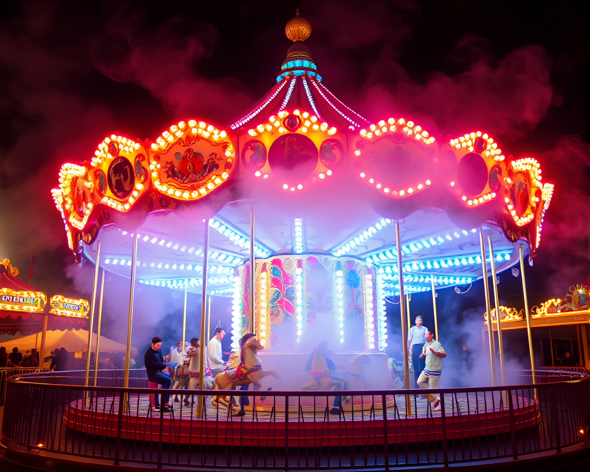 Steam-Powered Carousel in Kaleidoscopic Lights – free AI stock image