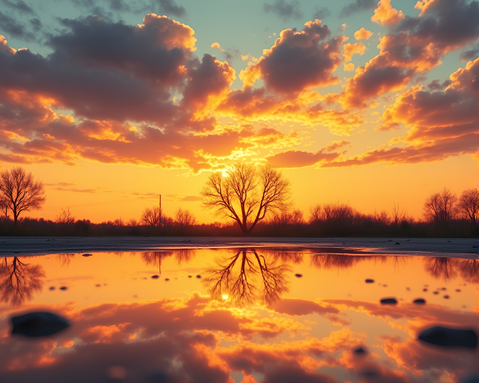 Android Reflection in Puddle under Golden Hour Glow – free AI stock image