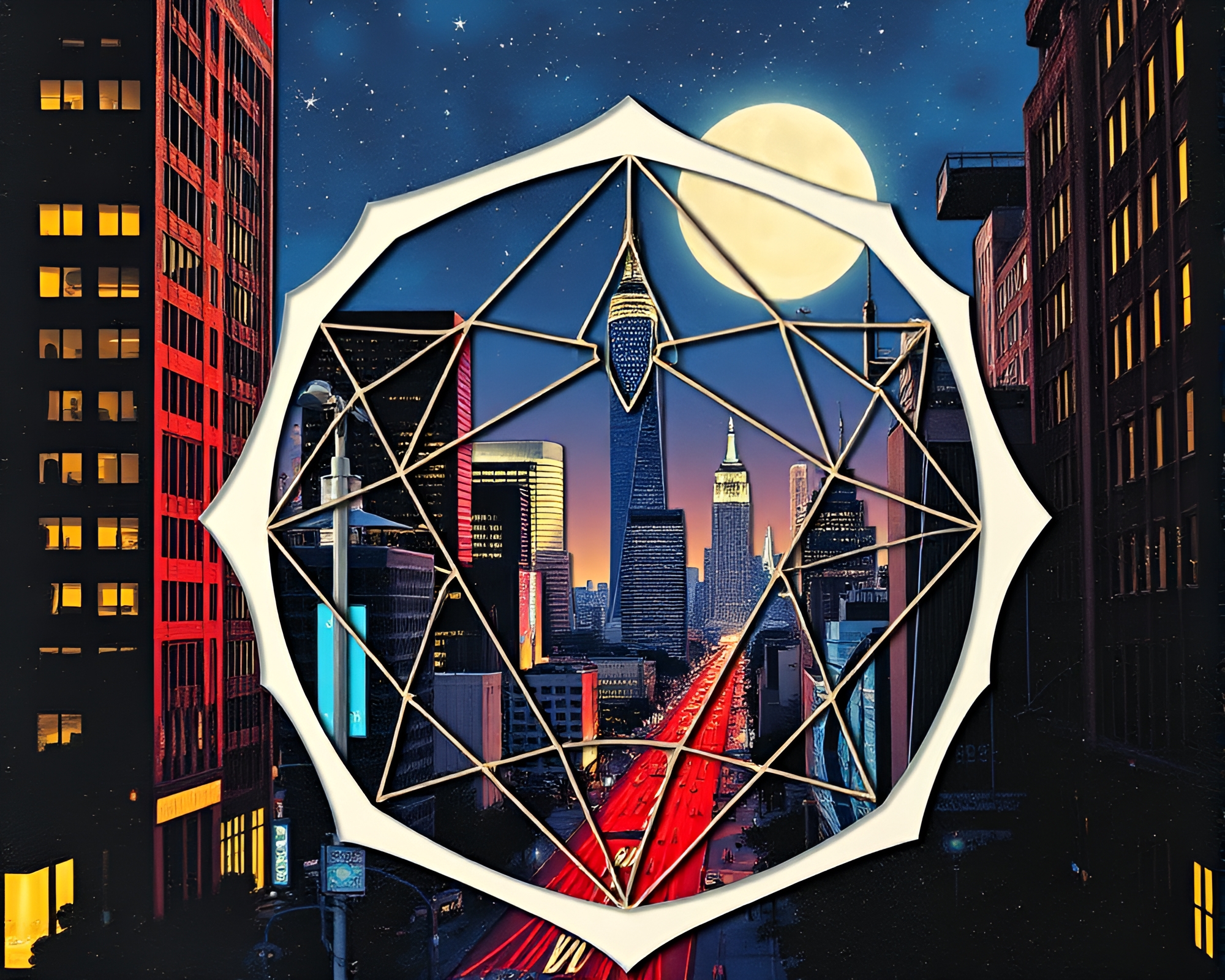 Cityscape Sacred Geometry Skyscraper Collage Concept Art – free AI stock image