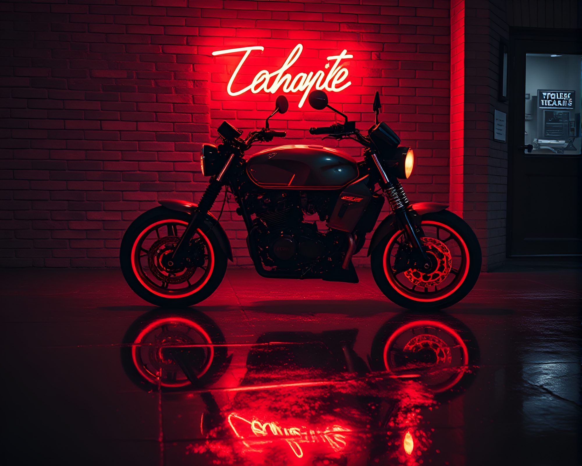 Neon Motorcycle Reflections in Brick Red Chiaroscuro – free AI stock image