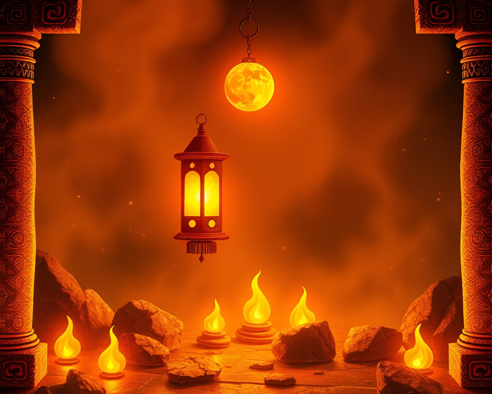 Vector art of glowing embers on aged scroll in lantern glow