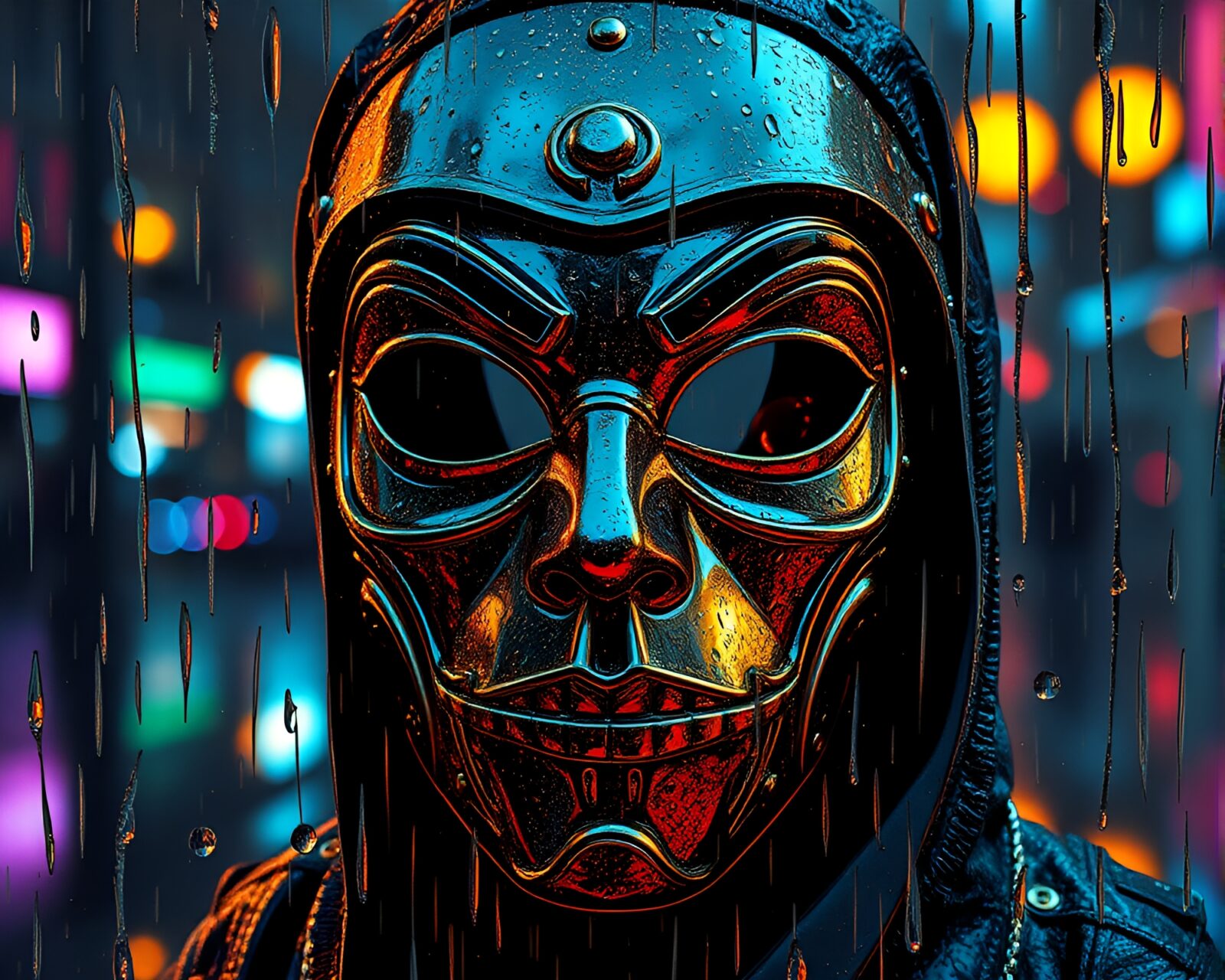 8-bit style image of a Venetian mask with metallic scratches under rainy reflections