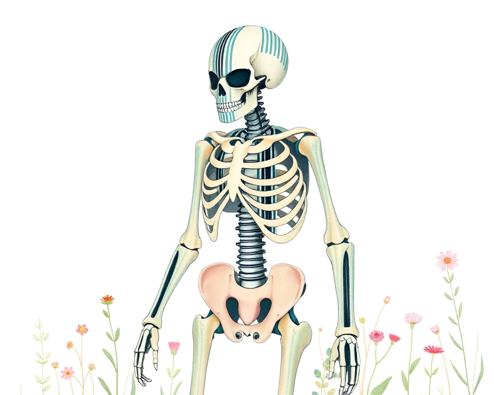 Pastel-colored exoskeleton suit in a botanical setting with barcode stripes.