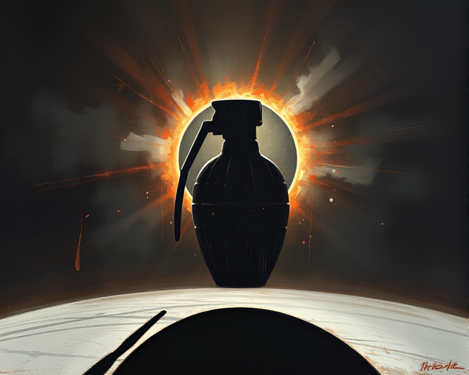 A dramatic scene showing an exploding antimatter grenade in eclipse-like lighting