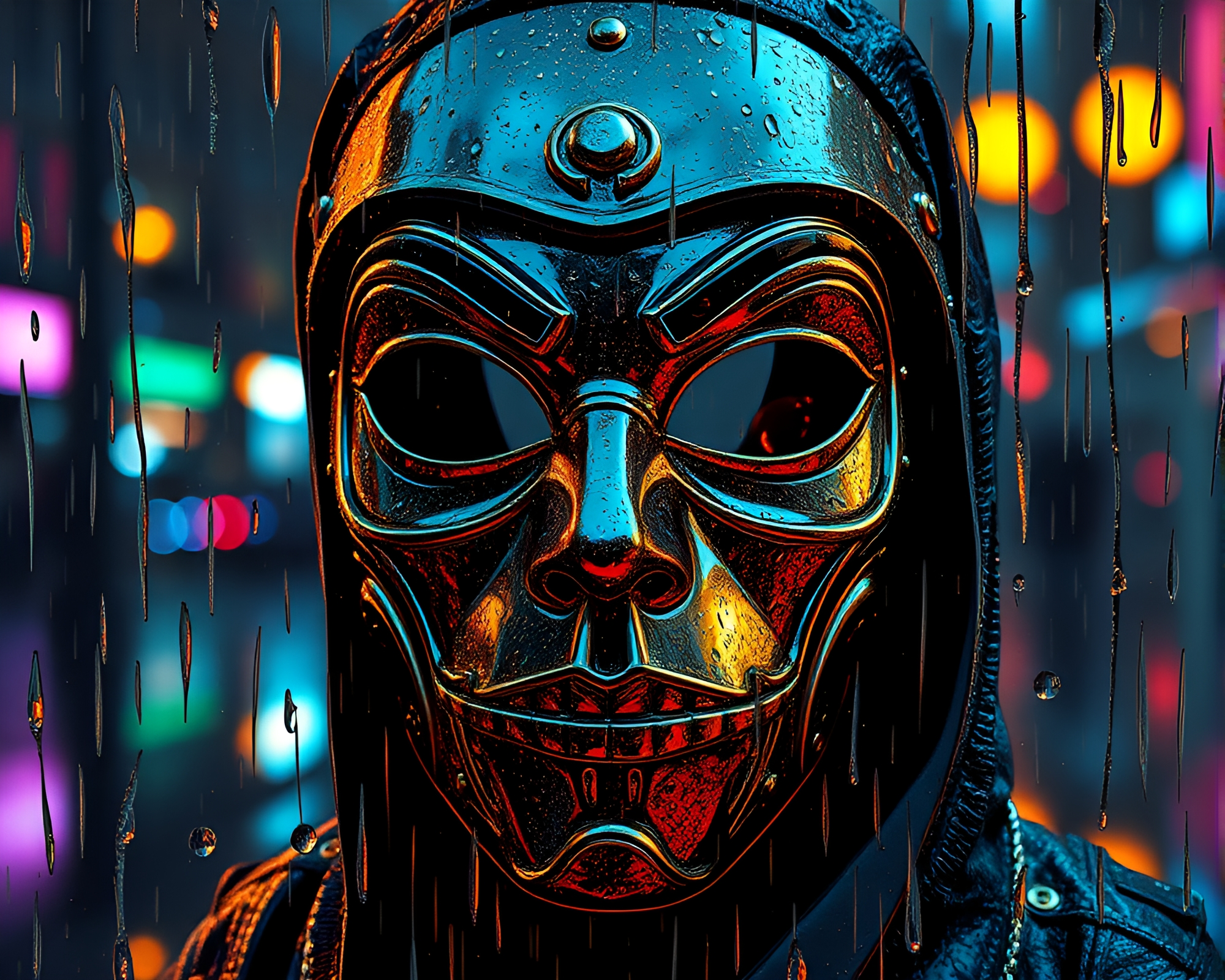 Metallic Scratch Venetian Mask in Rainy Reflections – free AI stock image
