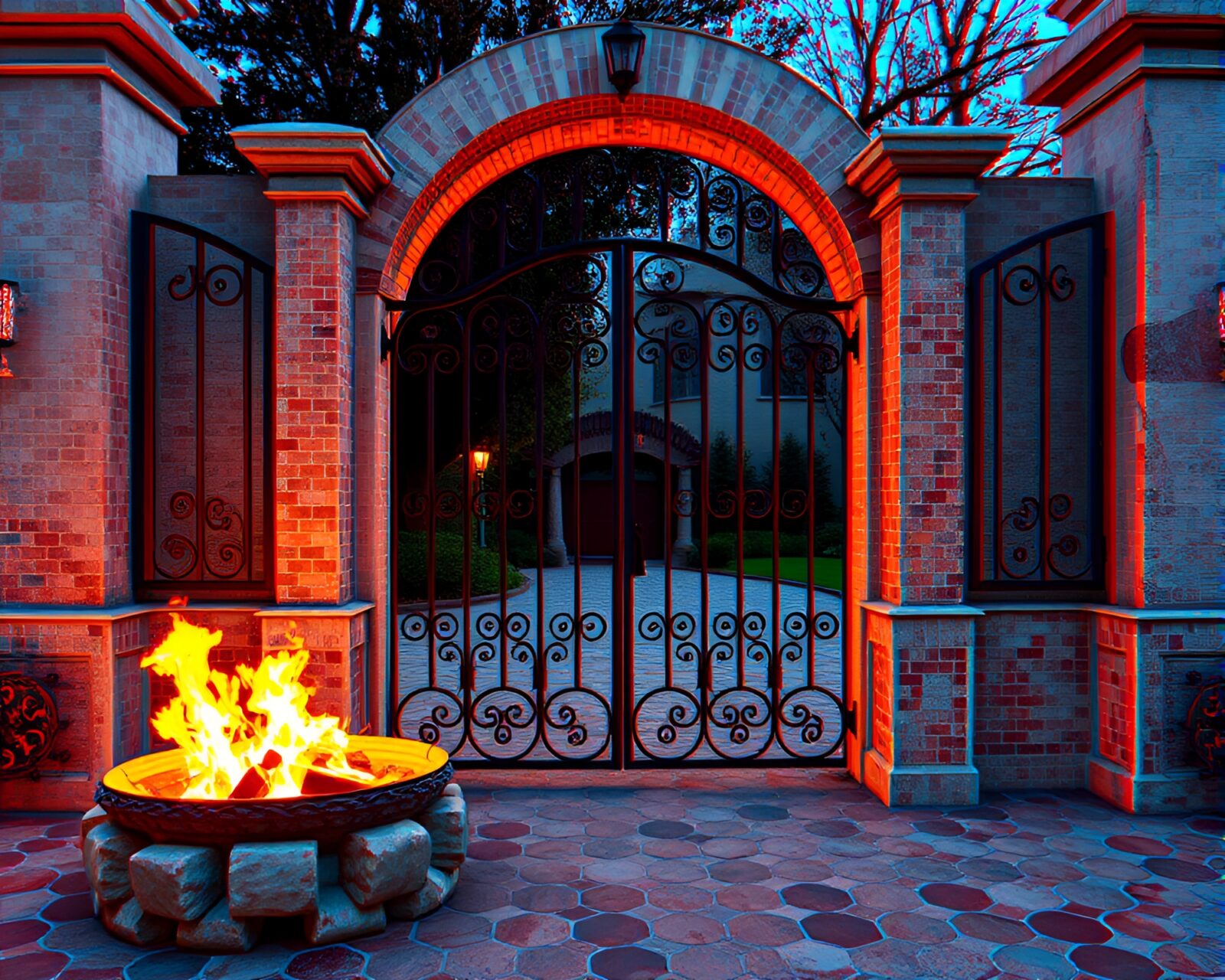 Anaglyph 3D scene of a glowing bonfire behind a decorative iron gate