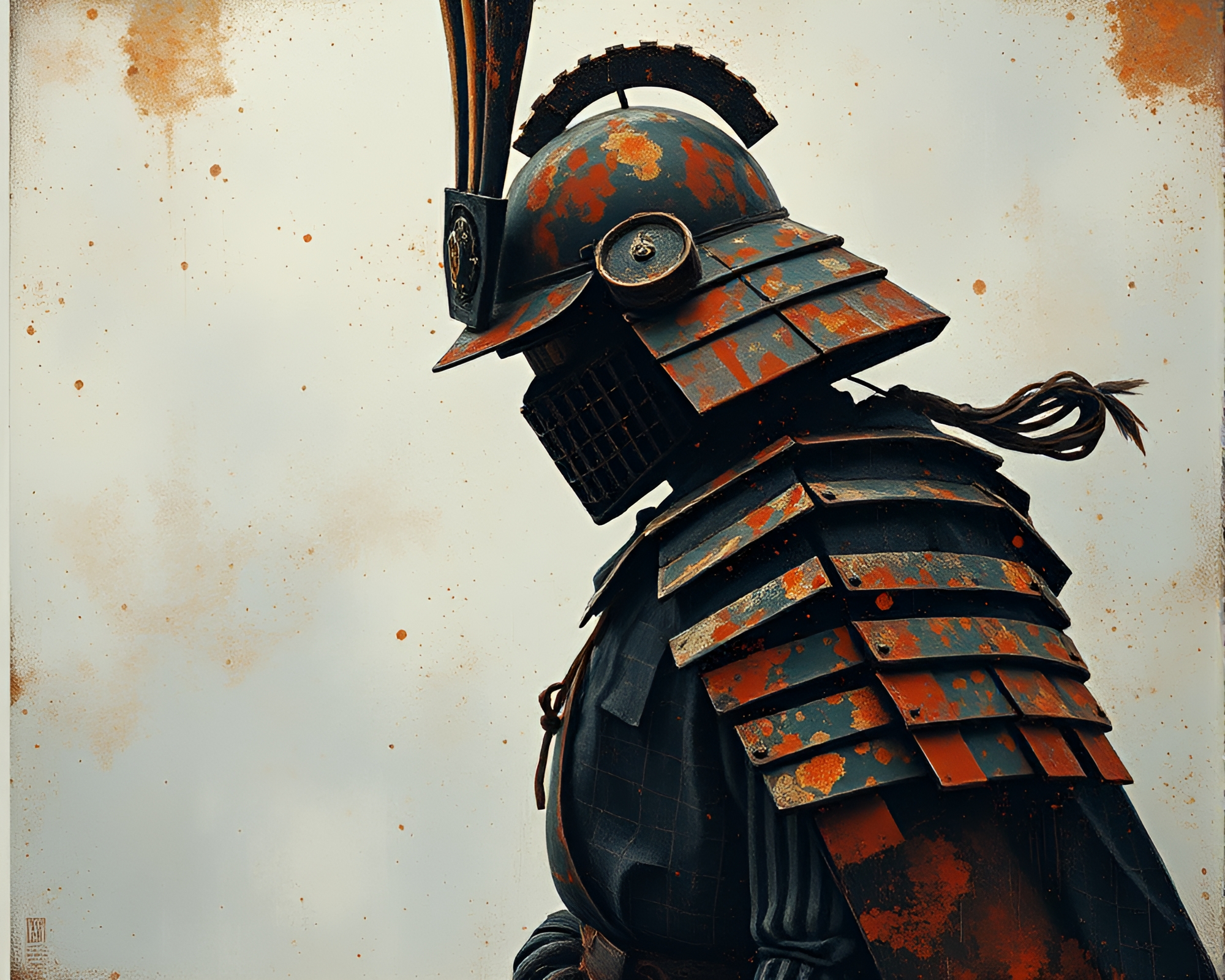 Foggy Samurai Warrior: Rust Flakes Texture Acrylic Painting – free AI stock image