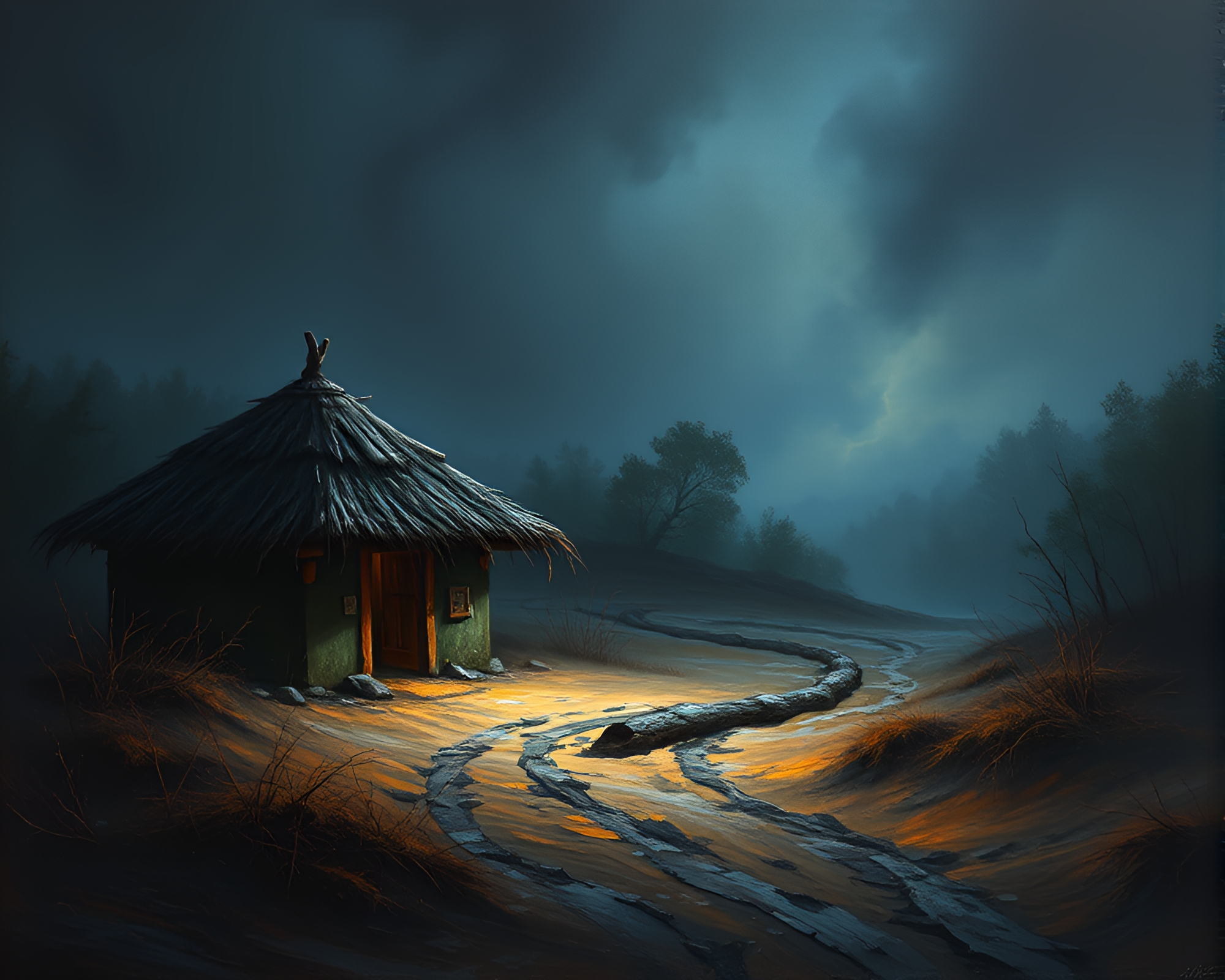 Vibrant Light Trails Surround Rustic Mud Hut – free AI stock image