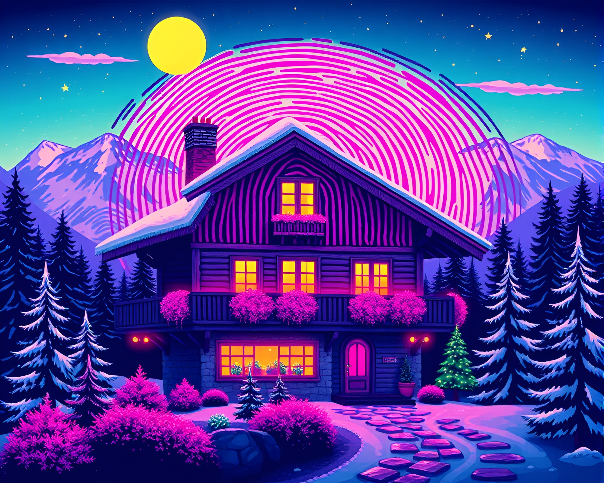 Neon Chalet: 8-Bit Alpine Bliss – free AI stock image