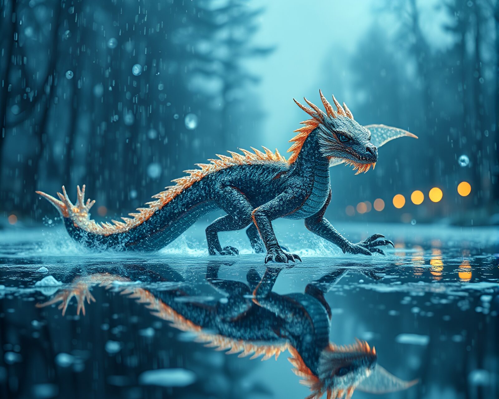 A detailed maximalist dragon design reflecting in snowy rain