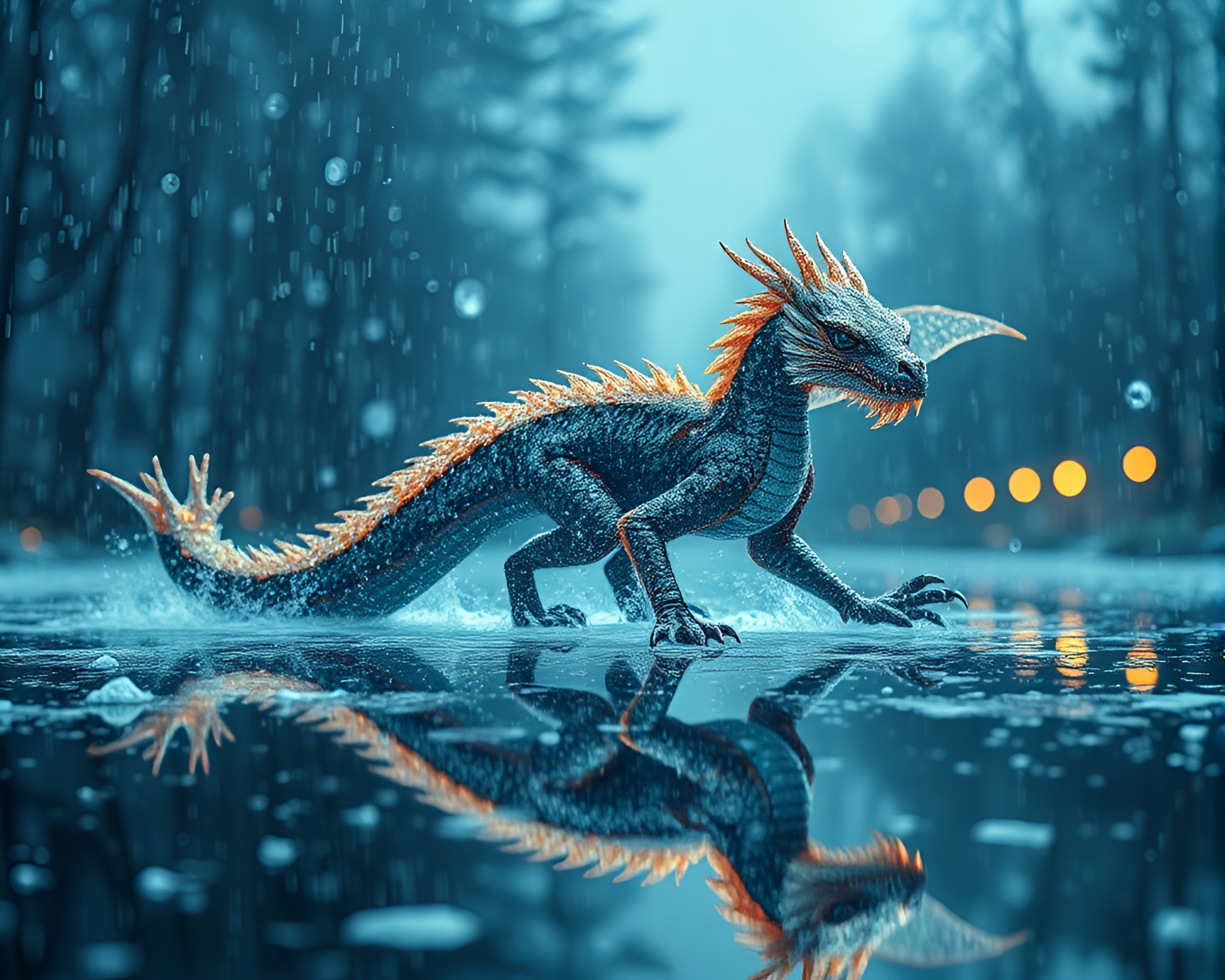 Maximalist Dragon Reflections in Snowy Rainfall Scene – free AI stock image