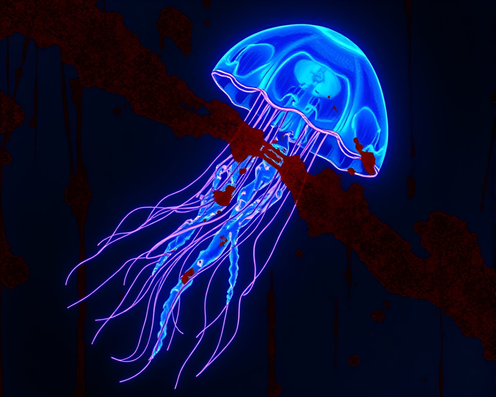 Neon glow jellyfish in line art style on rusty background