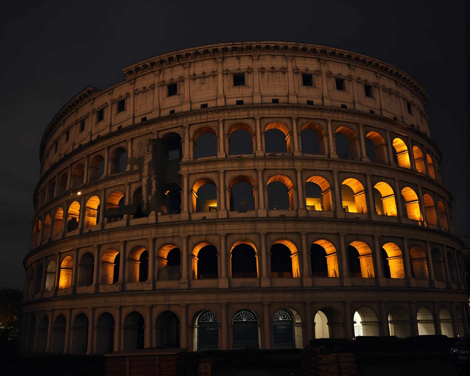 Ancient Roman amphitheater with mildew spots in low light