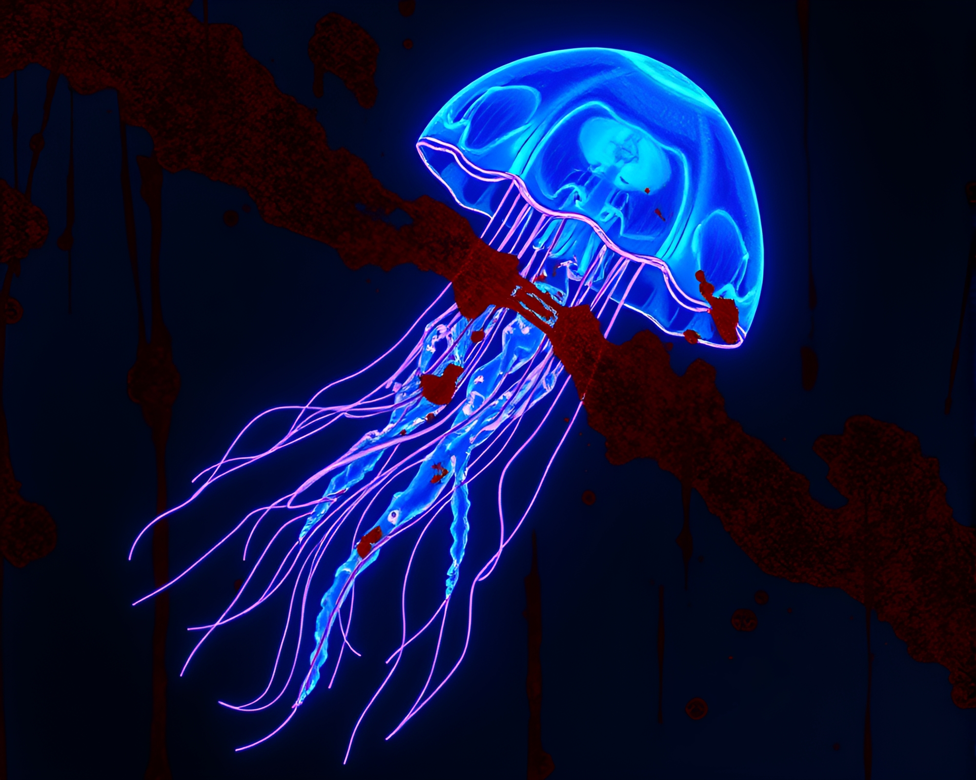 Bioluminescent Jellyfish Among Rust Stain Streaks – free AI stock image