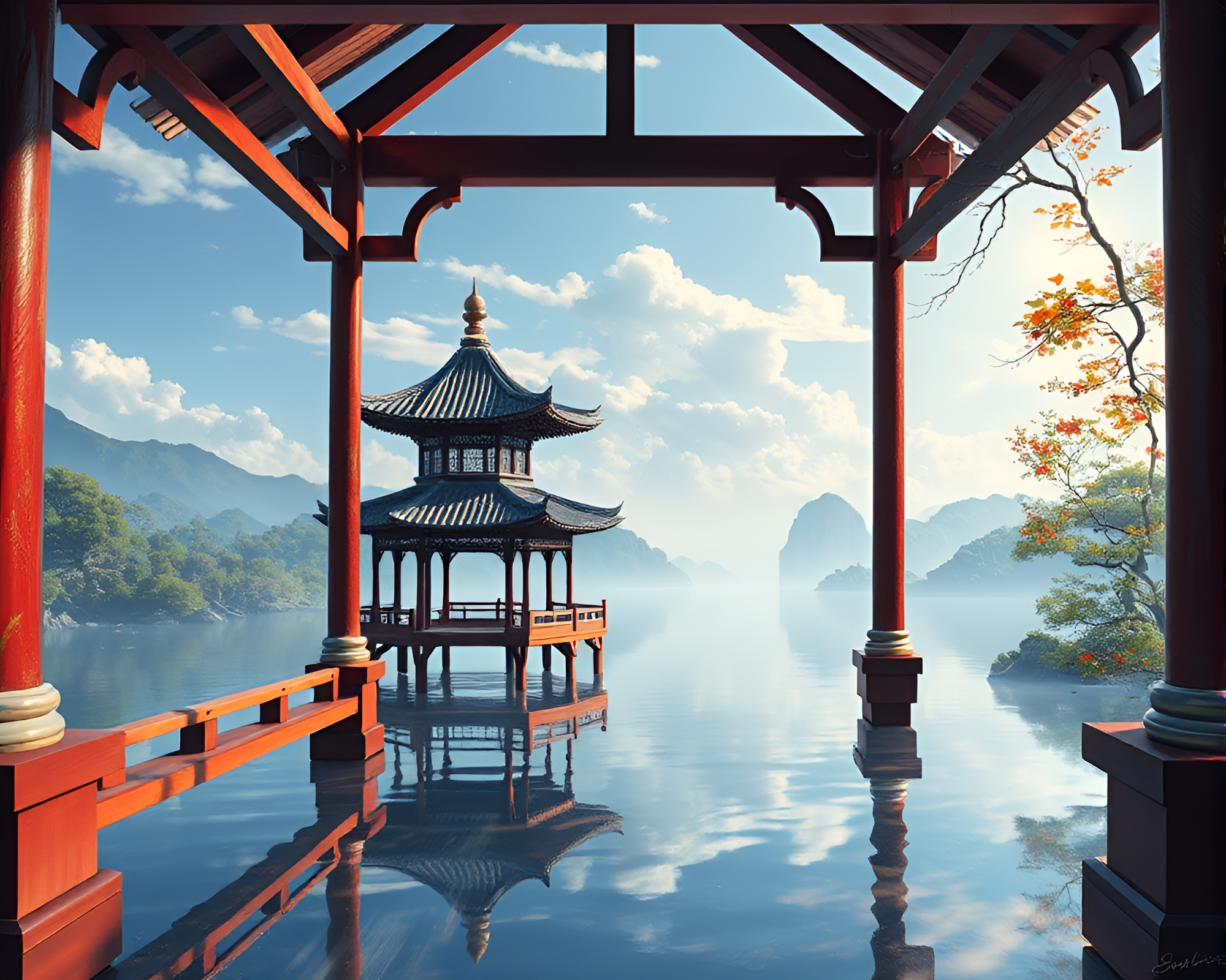 Surreal Floating Pavilion in Vibrant Action Painting Style – free AI stock image