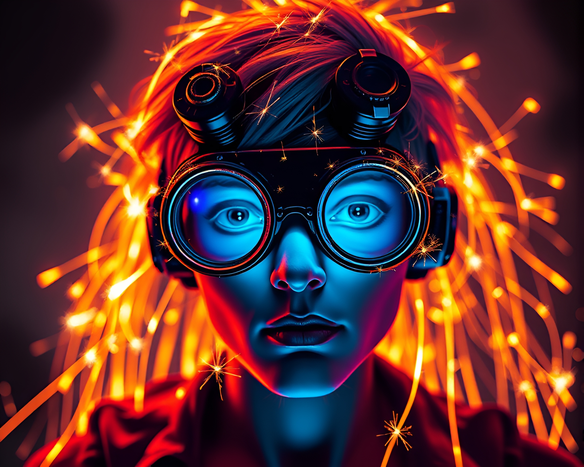 Steampunk Goggles Illuminate Pixel Art Sky with Sparkler Trails – free AI stock image