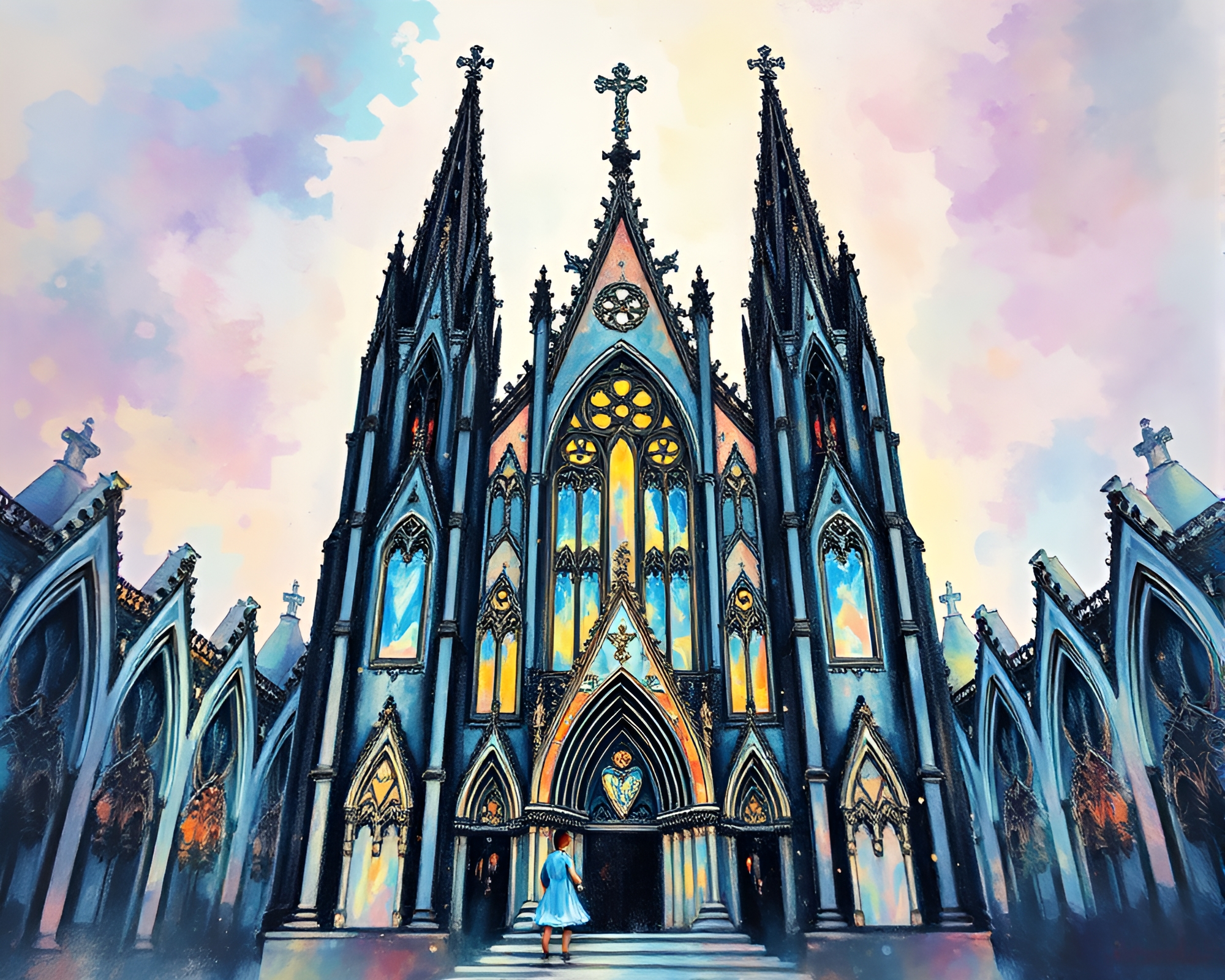 Gothic Holographic Cathedral with Sumi-e Brushwork – free AI stock image