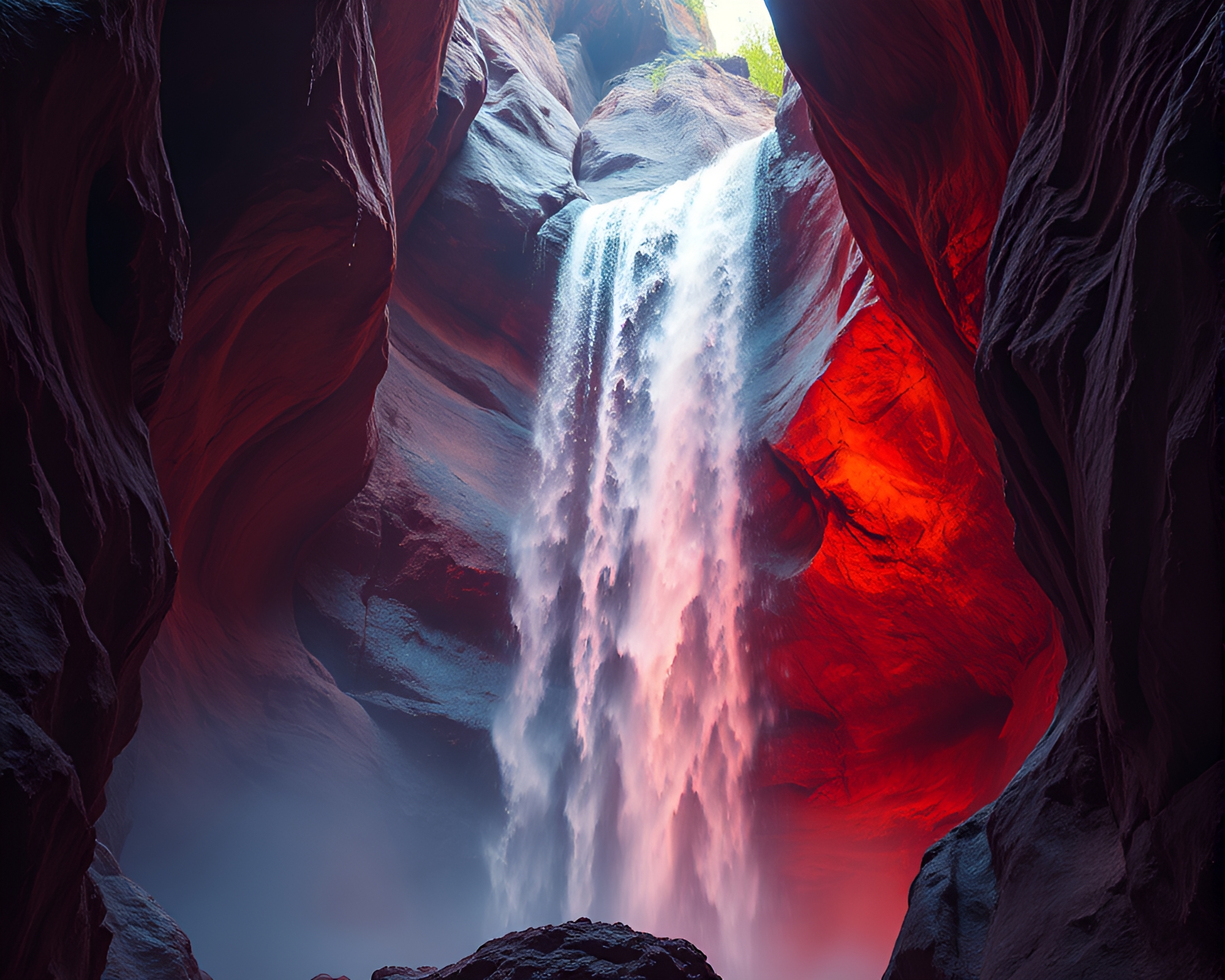 Enigmatic Ultraviolet Waterfall Through Canyon Rust Tones – free AI stock image