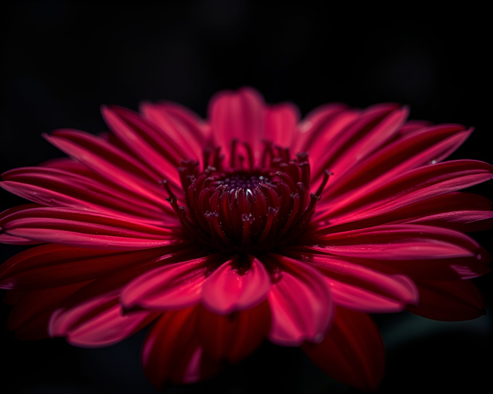 Glowing cyborg rose surrounded by ruby red petals