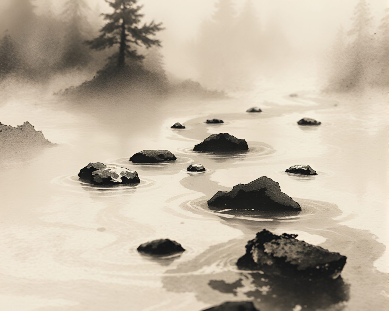Black and white river landscape with smoky haze