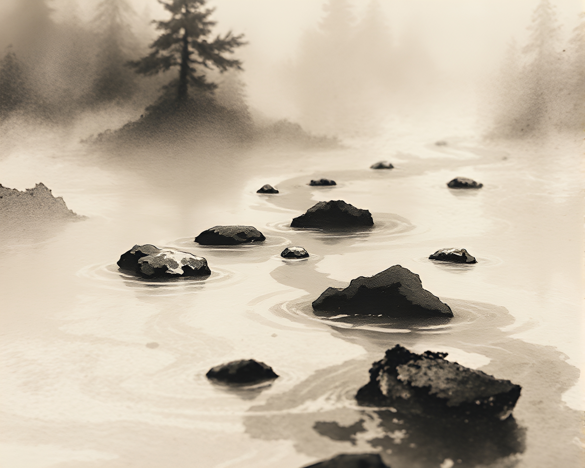 Savage River Macro Detail in Sumi-e Brushwork – free AI stock image