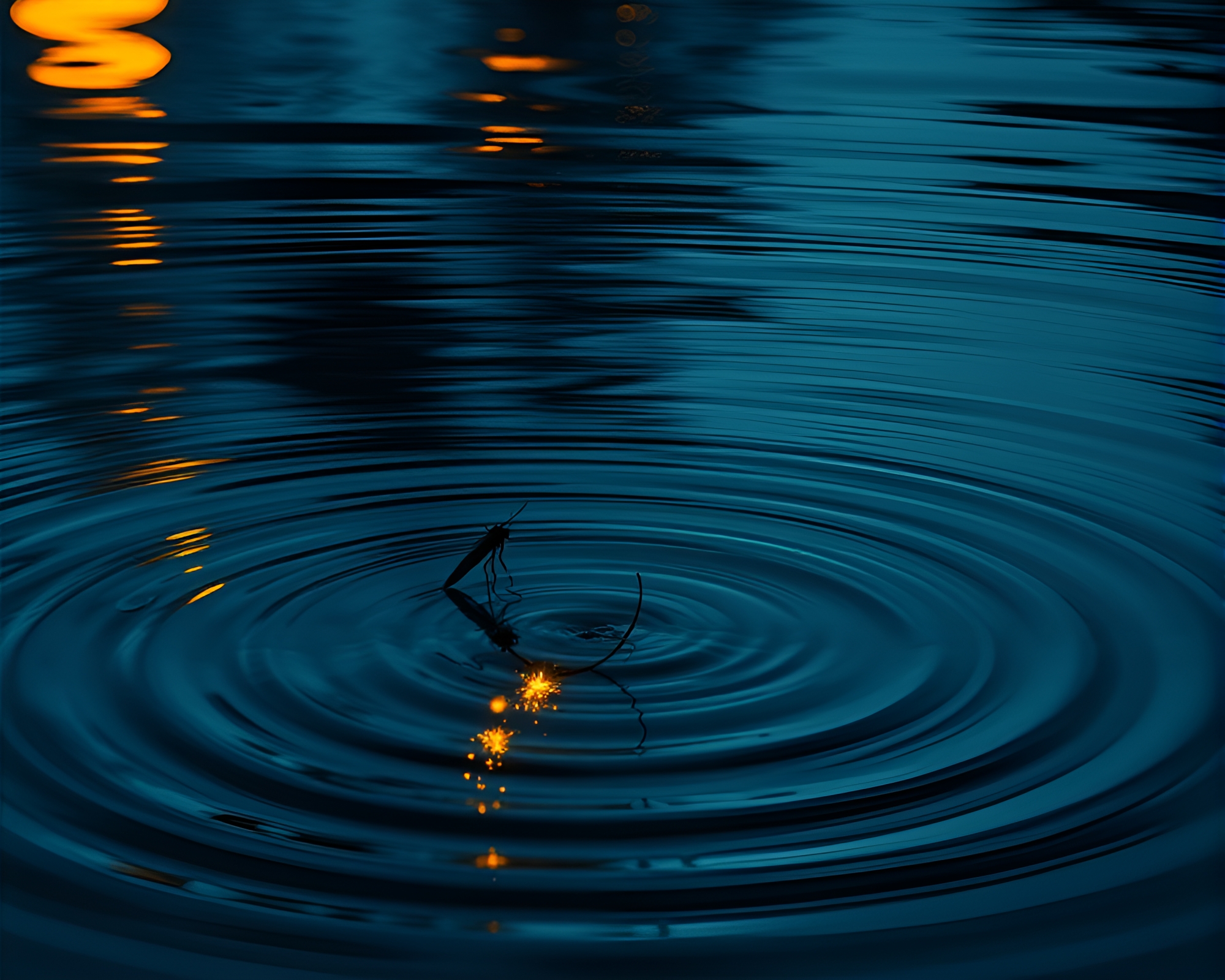 Gothic Horror Water Reflection Ripples with Firefly Luminescence – free AI stock image