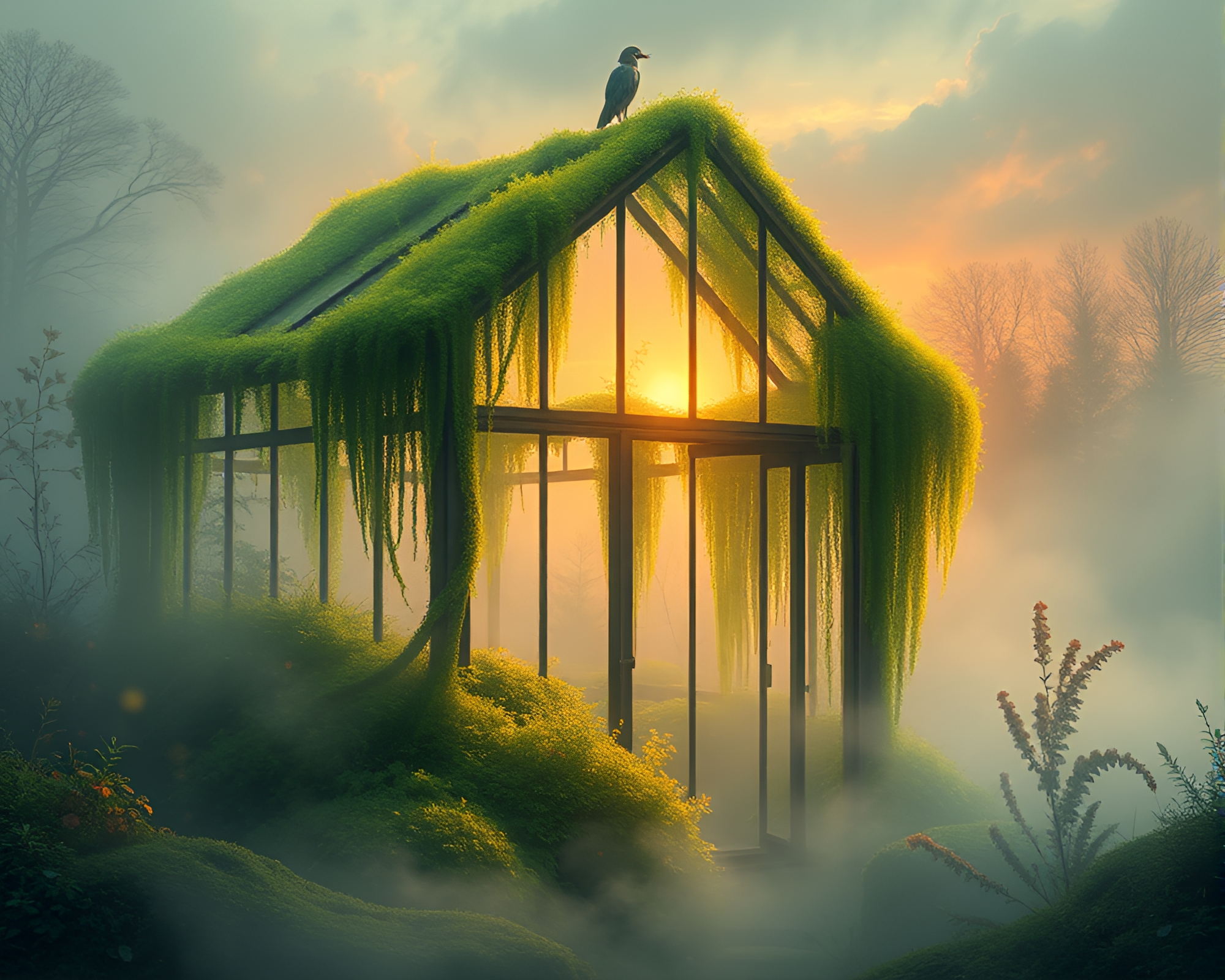 Enchanted Glass Greenhouse at Dawn – free AI stock image