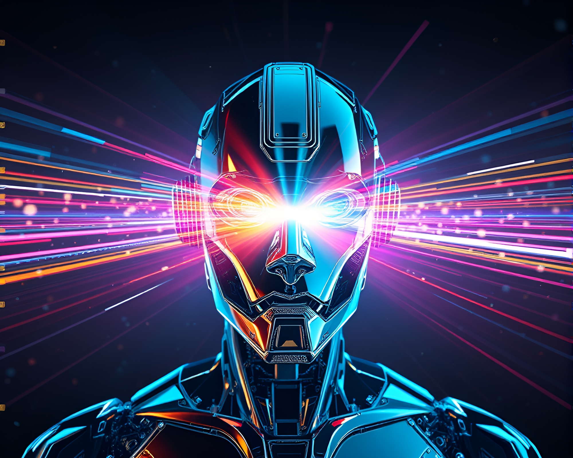 Cosmic Robot Reflection in Wireframe Render – free AI stock image