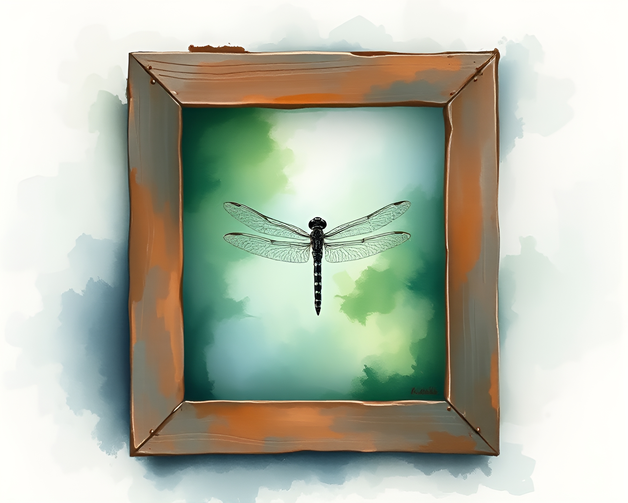 Dragonfly Delight: Misty Frame within Frame Painting – free AI stock image