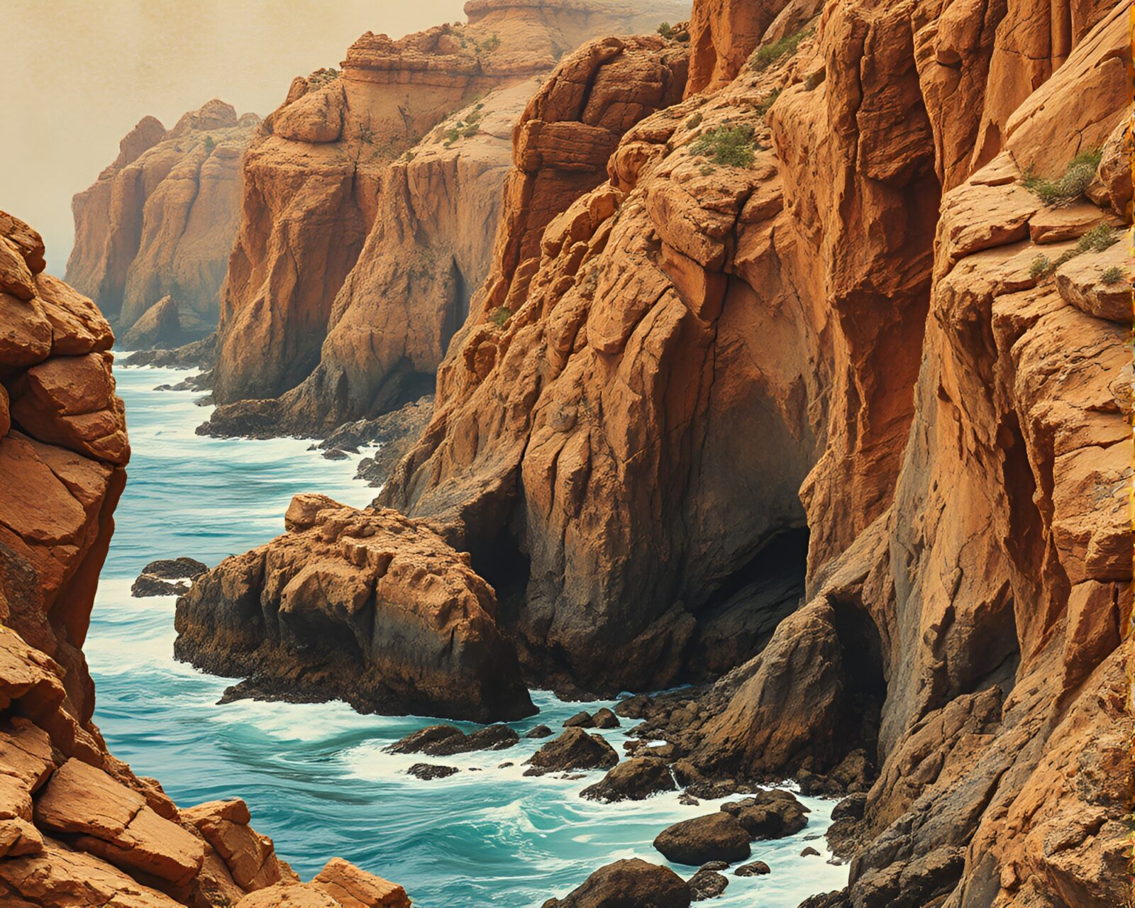 Extreme close-up of rocky coastline in warm canyon light