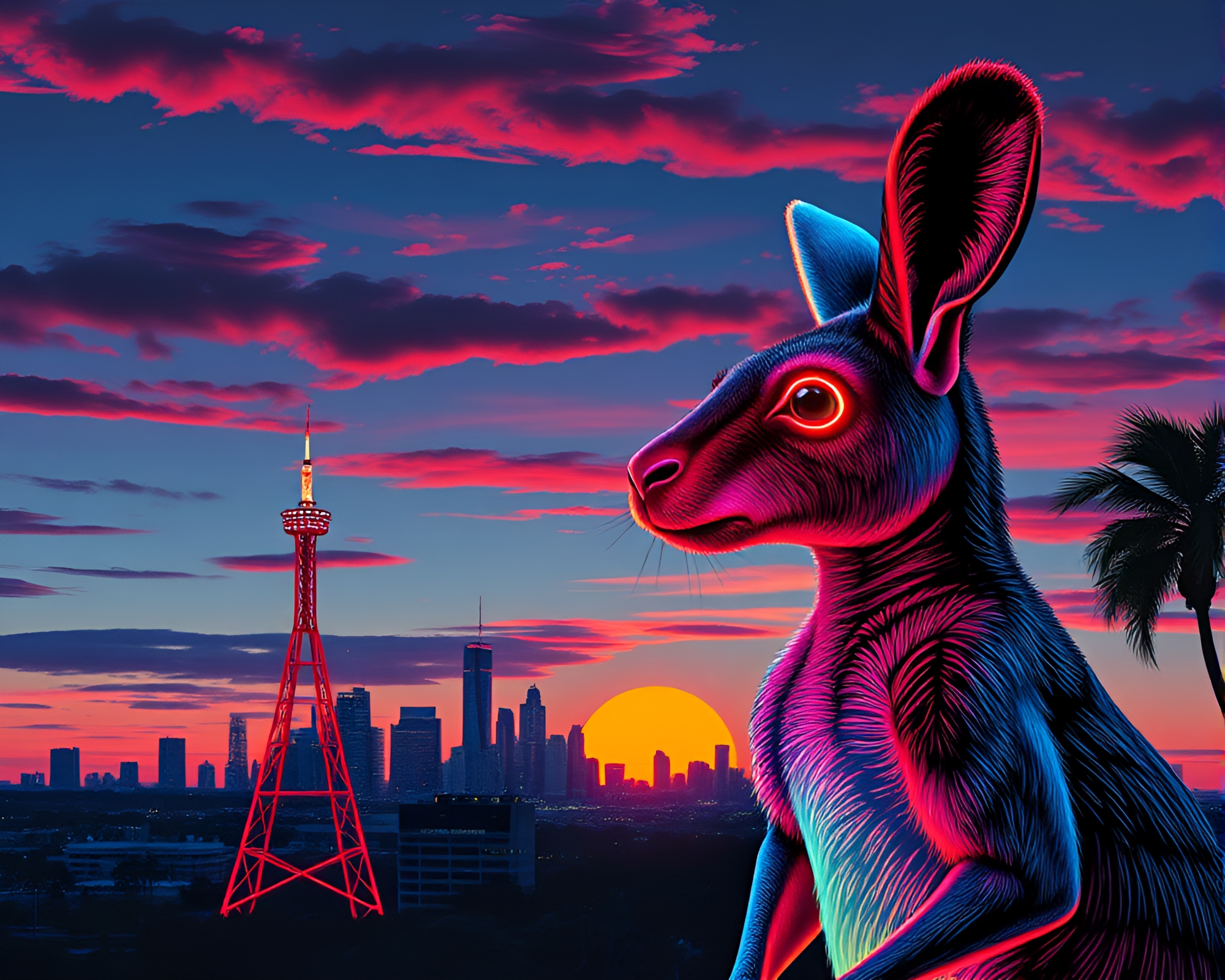 Neon Kangaroo Dadaist Skyline Sunset Collage – free AI stock image