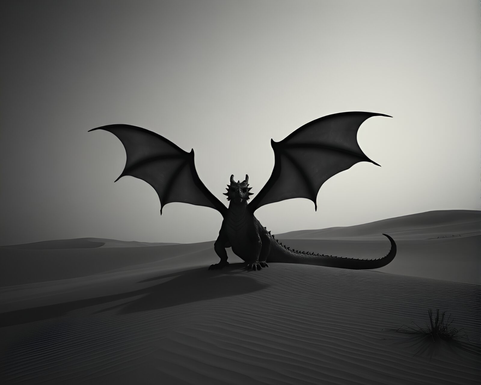 Sleek dragon roams under dark desert sky