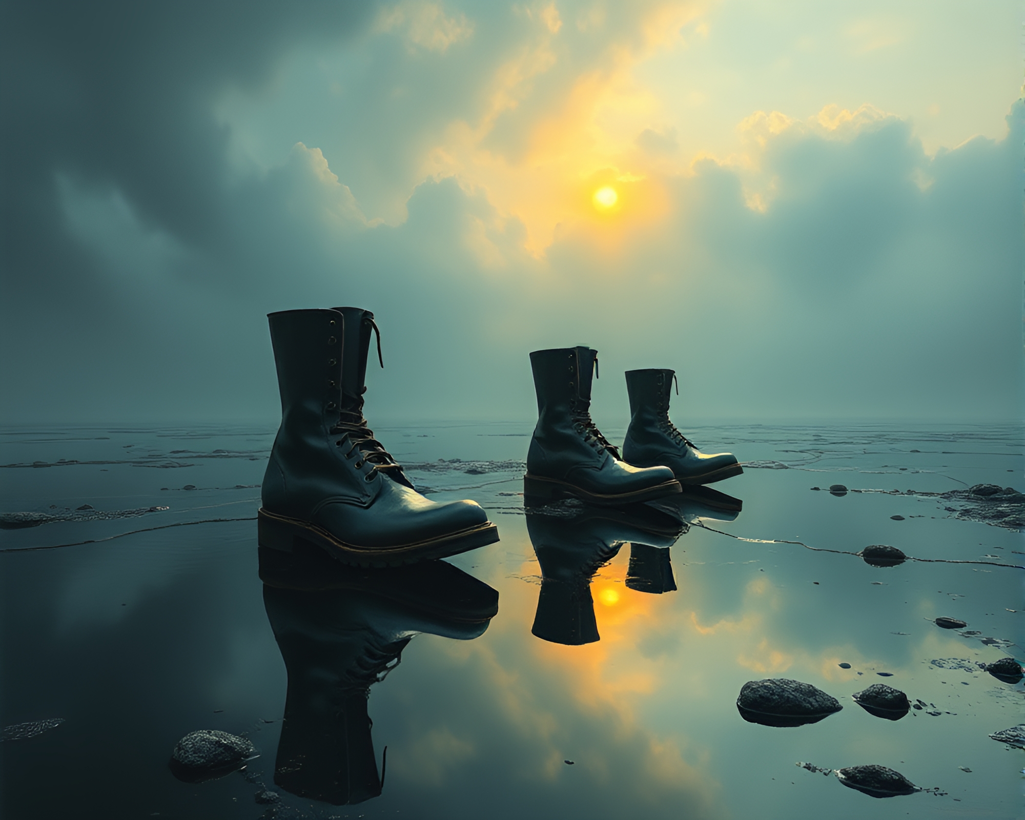 Gravity Boots Reflections: Necromantic Shadows in Egg Tempera – free AI stock image
