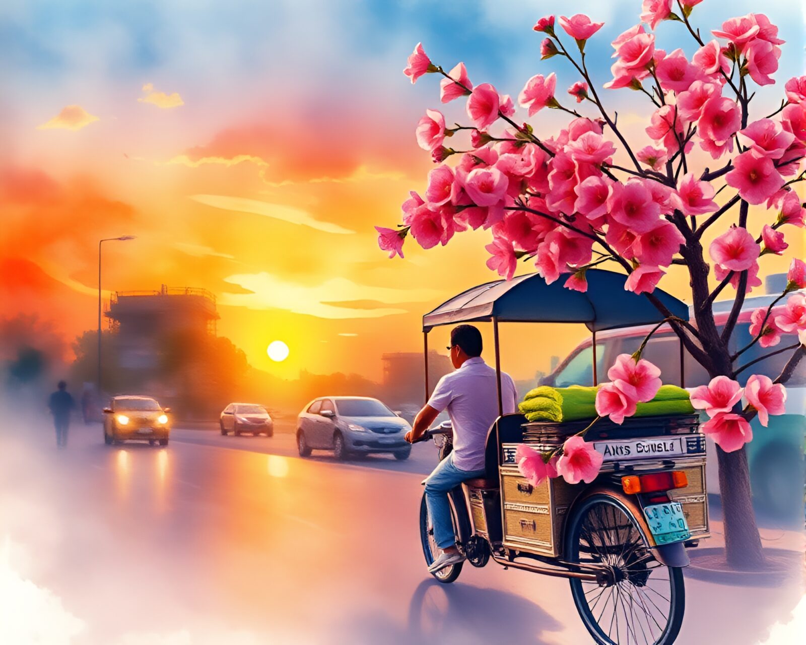 Photorealistic watercolor blooms with shadowy rickshaw under sunset sky