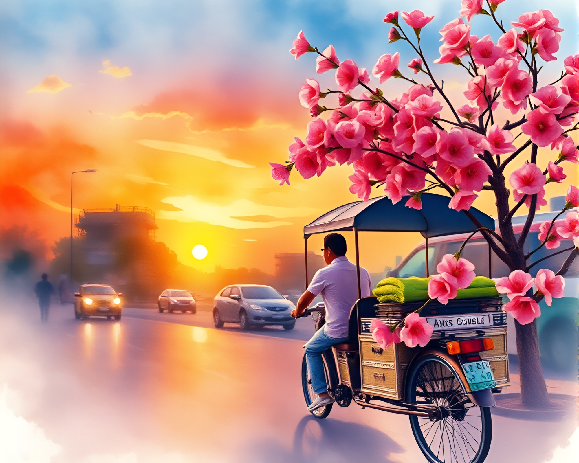 Watercolor Blooms with Rickshaw Silhouetted in Sunset – free AI stock image