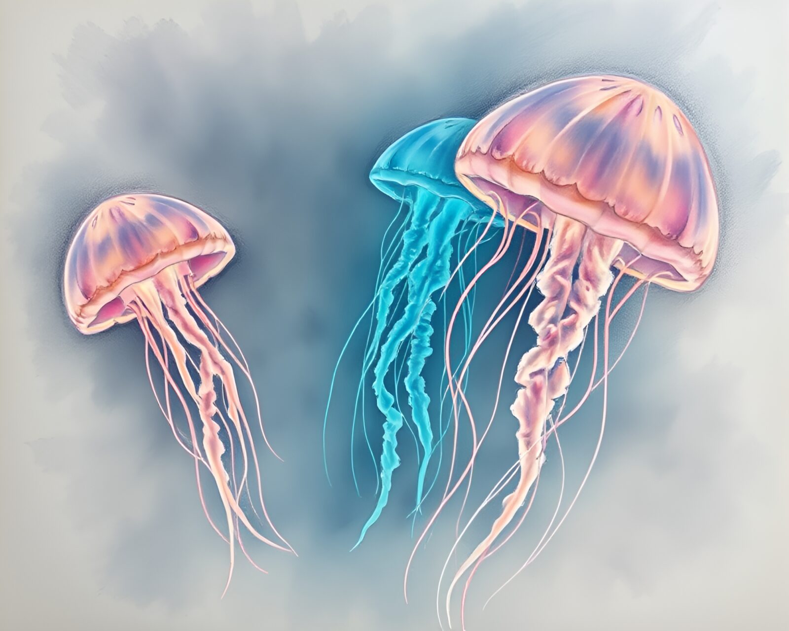 Softly glowing jellyfish in gentle pastel pencil drawing overlayed with dust