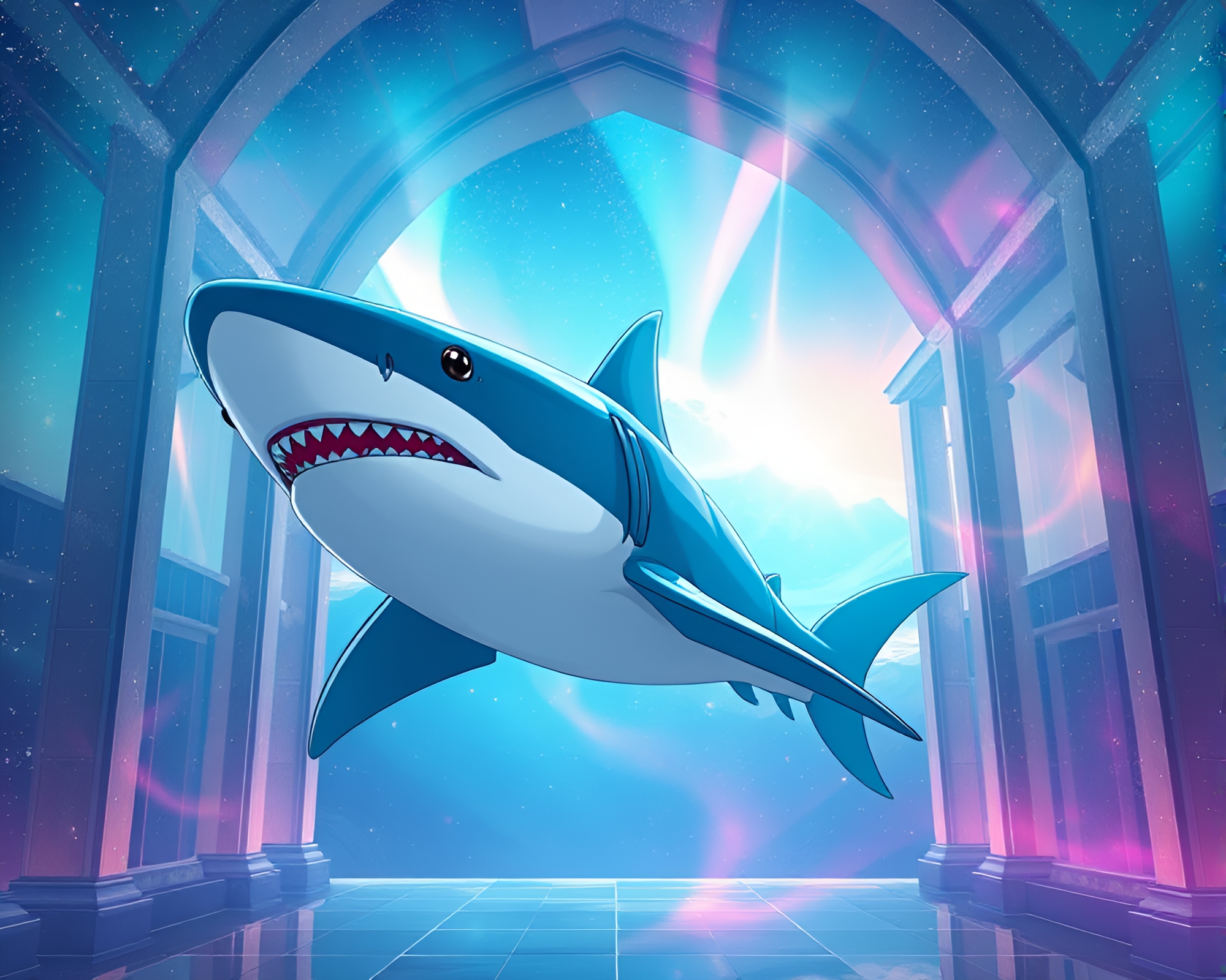 Architectural Frame Surrounding Majestic Shark in Anime Style – free AI stock image